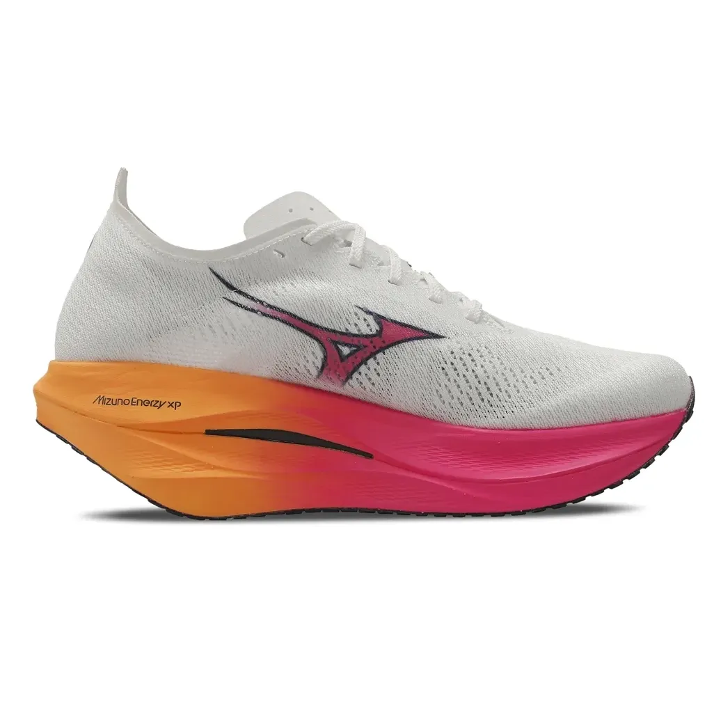 Tênis Mizuno Rebellion 3 masculino branco com detalhes rosa e laranja, vista lateral esquerda